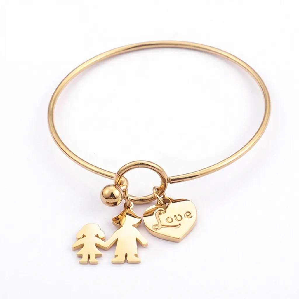 Bracelet Jonc En Acier Inoxydable Avec Breloques Cœur Et Garçon Fille Gravure Amour Cadeau Bijoux Famille
