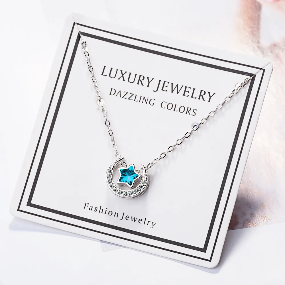Stern Mond Anhänger Halskette Für Damen Kupfer Blau Strass Eingelegt Schlüsselbein Kette Mode Schmuck Geschenk