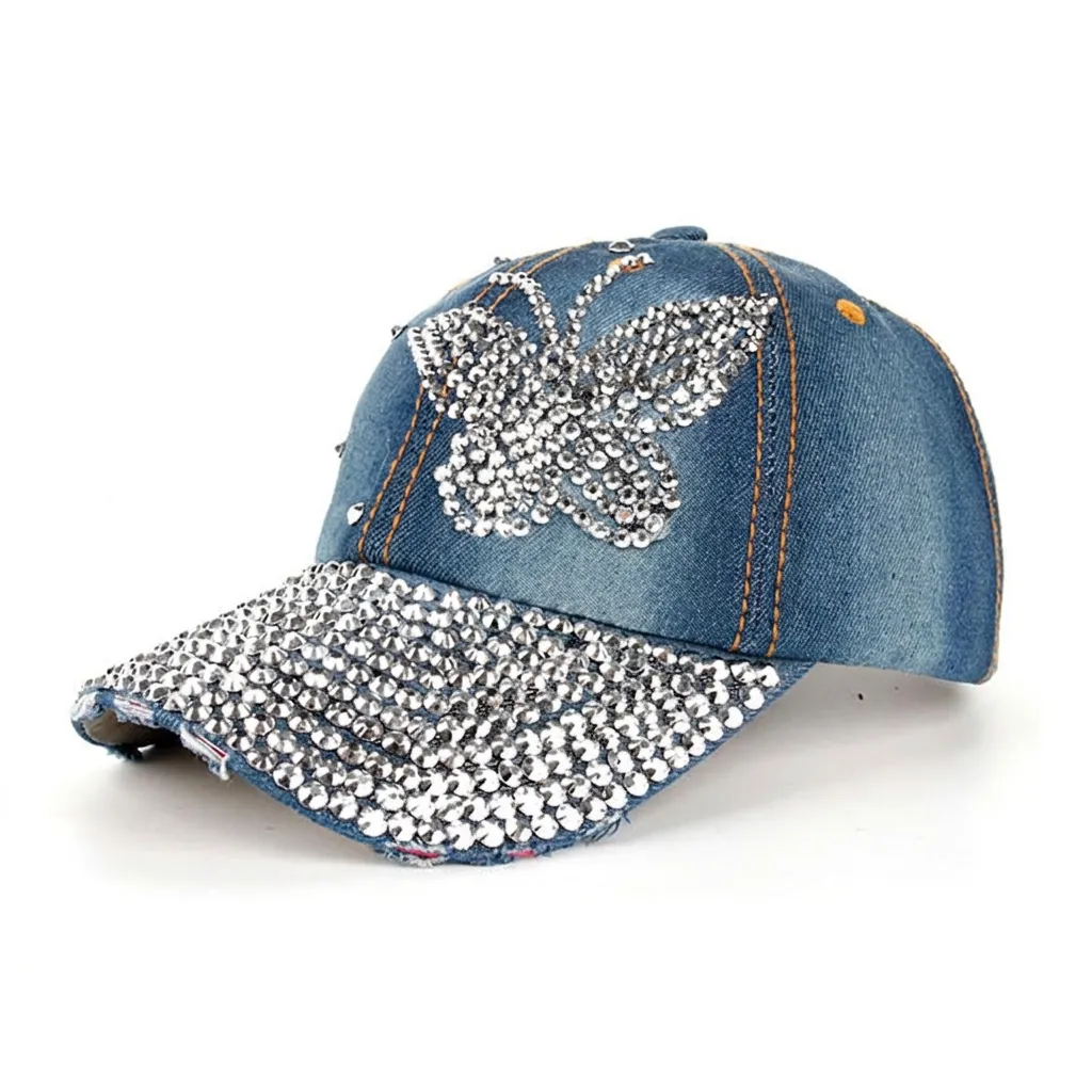 Rhinestone Butterfly Denim Baseball Cap For Women Shiny Crystal Brim Distressed Cotton Adjustable Casual Outdoor Fashion Hat
