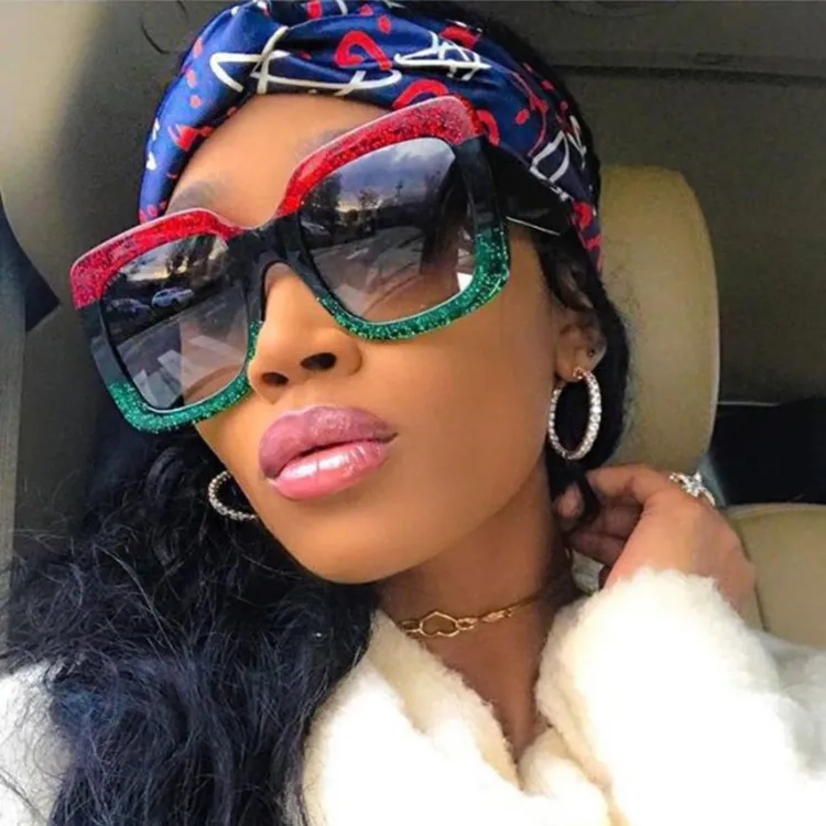 Oversized Square Sunglasses UV400 Fashion Women Retro PC Frame AC Lens Glitter Gradient Sparkle Eyewear Hip Hop