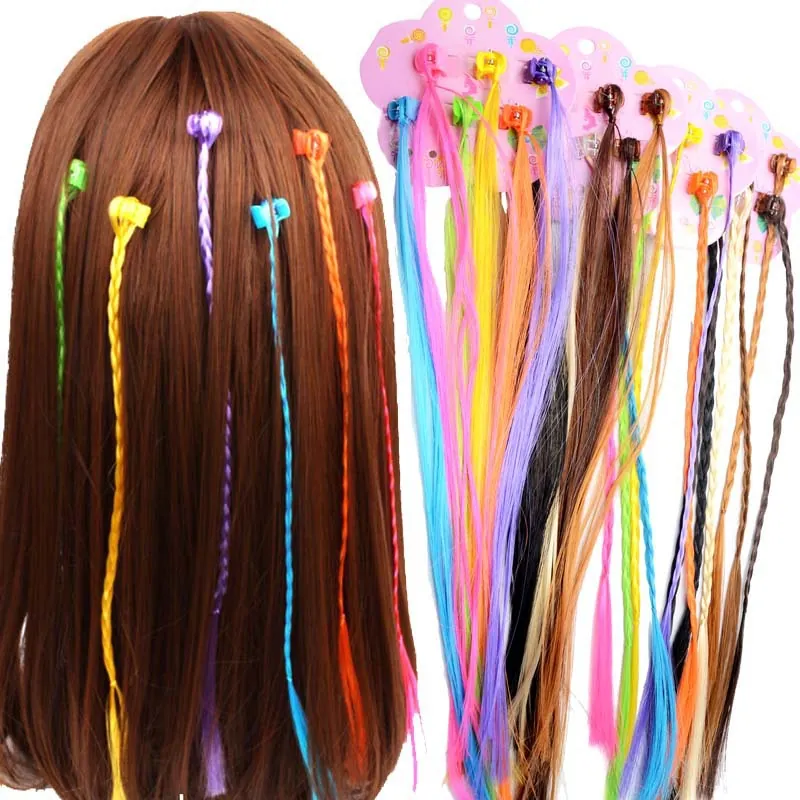 Kids Colorful Braided Wig Hair Extensions Synthetic Hair Claws And Ties With Decorative Beads And Feathers For Performance Party