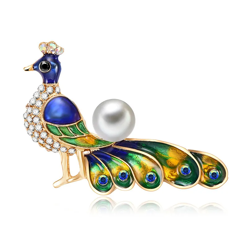 Peacock Brooch Alloy Enamel Zircon Faux Artificial Pearl Vintage Elegant Jewelry Women Dress Accessories