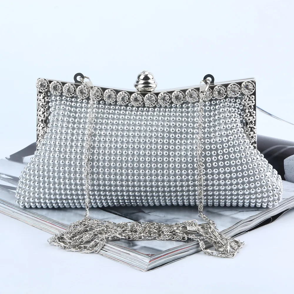 Women Elegant Evening Bag Satin Aluminum Beads Rhinestone Clutch For Party Wedding Banquet With Detachable Chain