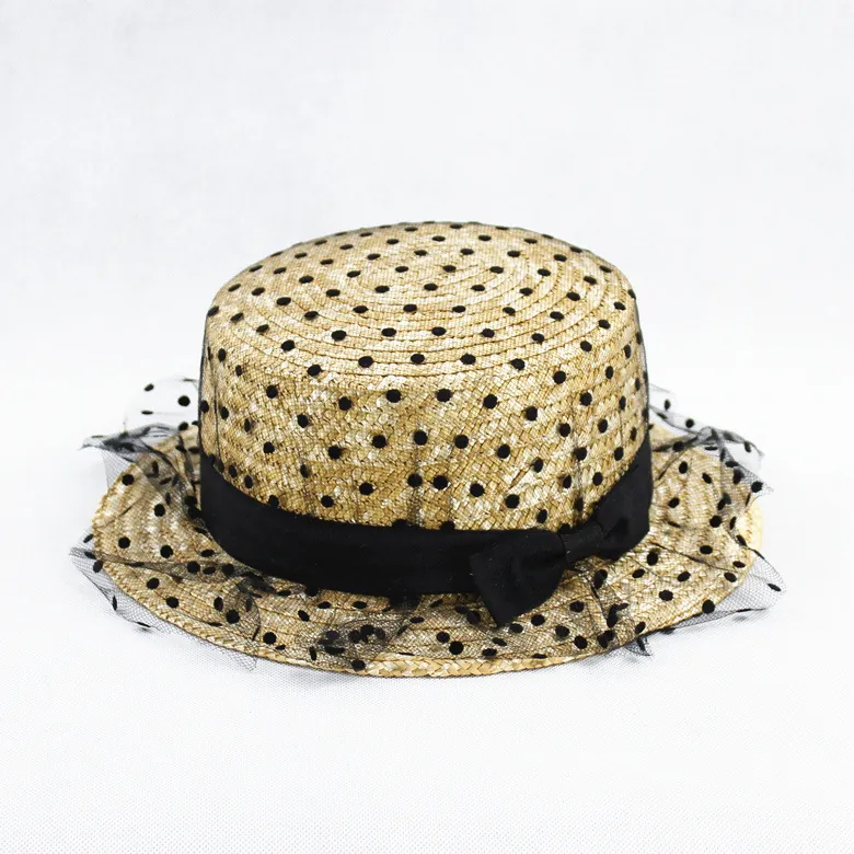Women Boater Straw Hat Summer Beach Sunshade Flat Top With Floral Lace Ribbon Bow Mesh Veil Vintage Pastoral Style Vacation