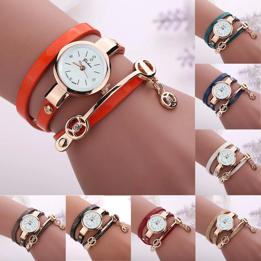 Women Quartz Watch Multi-Layer Wrap PU Leather Bracelet Rhinestone Pendant Fashion Analog Wristwatch For Lady