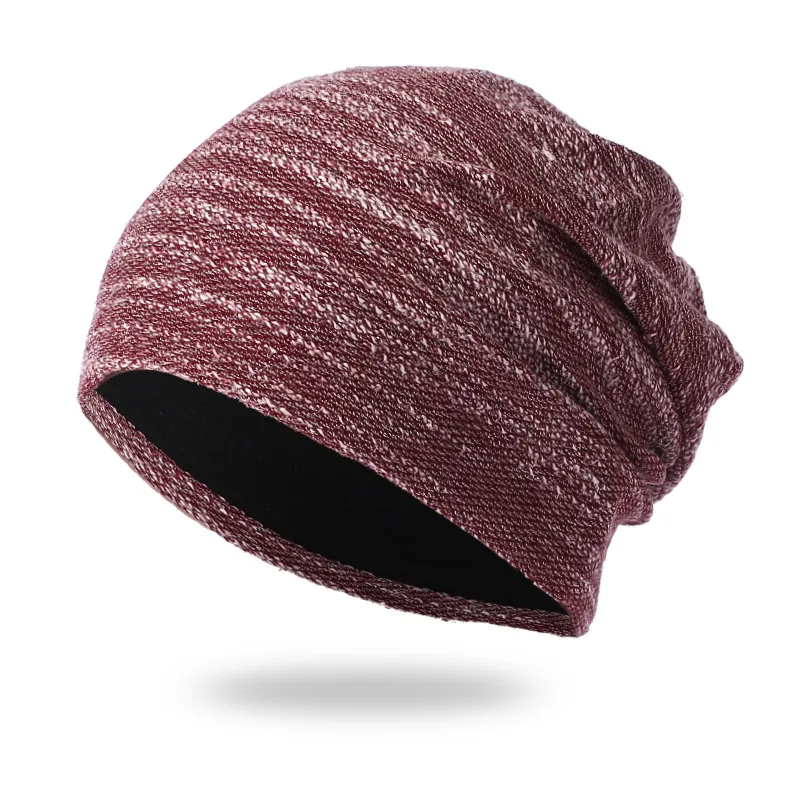 Acrylic Knit Slouchy Beanie Hat Warm Double Layer Fleece Lined Marl Heathered Stripe Skull Cap Winter Men Women Unisex