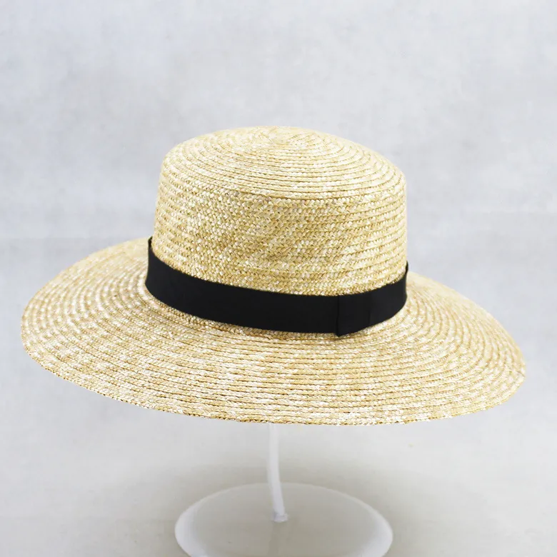 Women Boater Hat Natural Straw Wide Brim Summer Sun Beach Hat Elegant Ribbon Bow Mesh Flower Decor