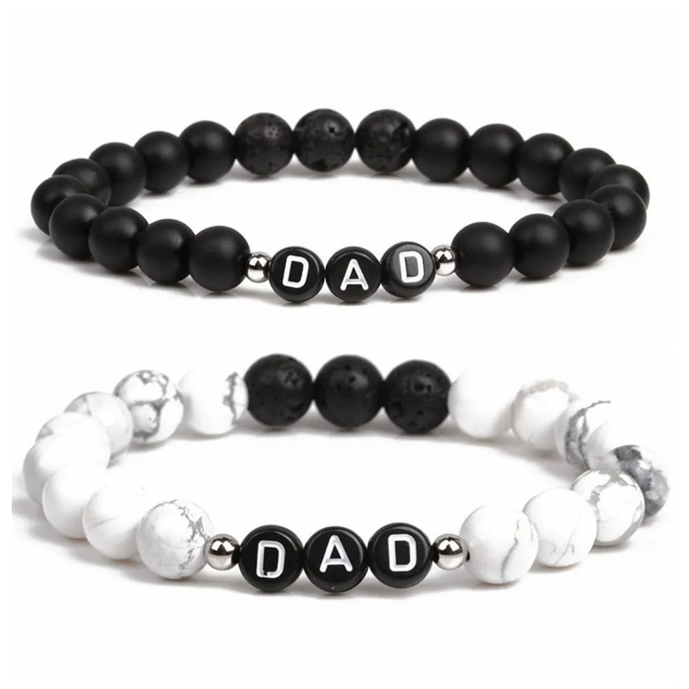 Bracelet Perles Pierre De Lave Turquoise Blanche Lettres DAD Pierre Naturelle Élastique Homme Cadeau Père