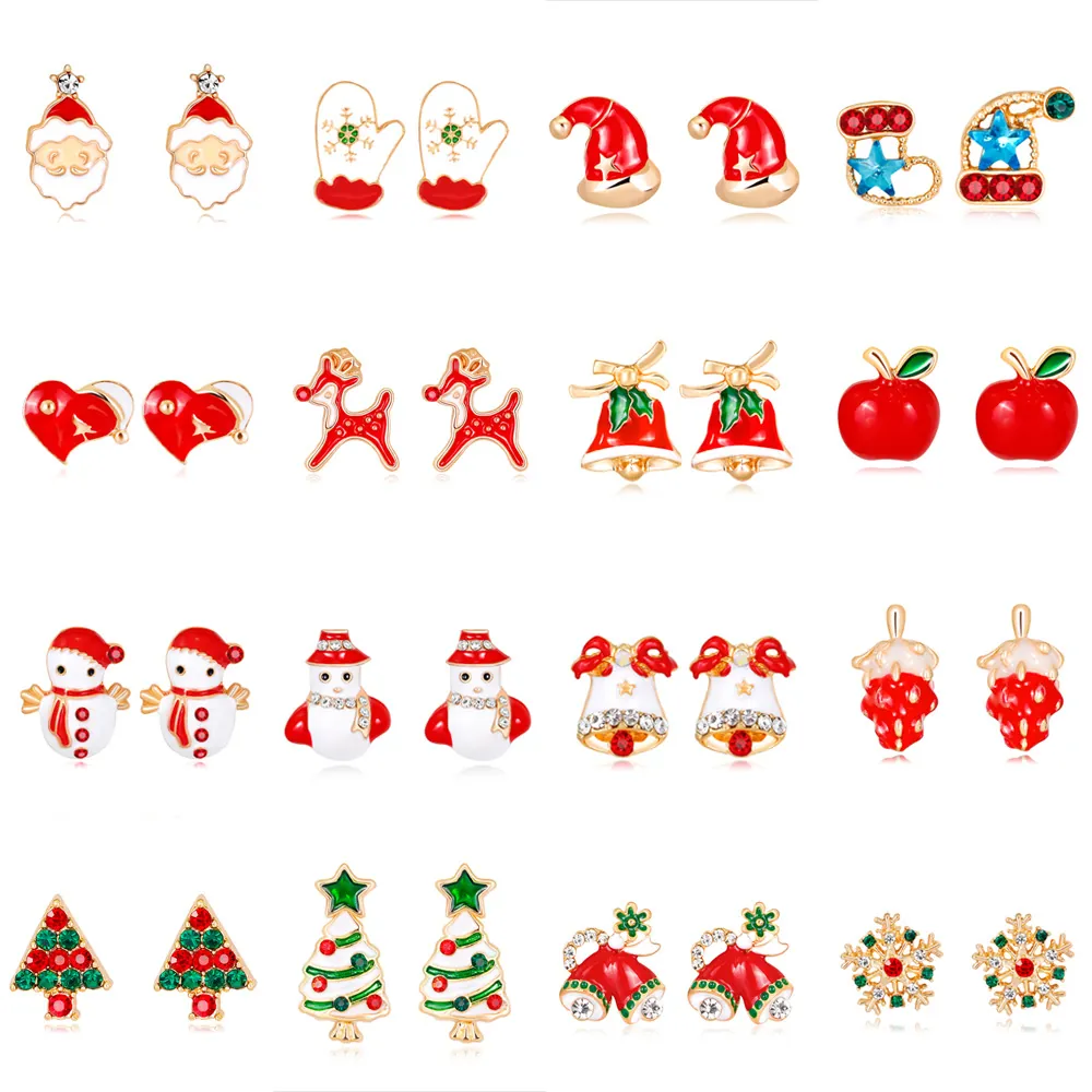 Christmas Stud Earrings Enamel Alloy Rhinestone With 925 Sterling Silver Earring Post Santa Snowman Tree Reindeer Bell