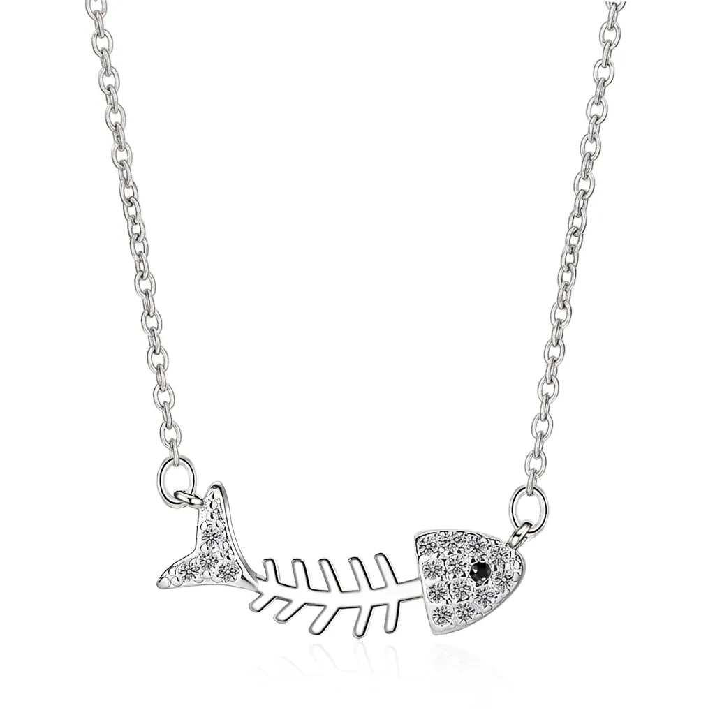 Fishbone Pendant Necklace Copper With Cubic Zirconia Dainty Sweet Fish Bone Shape Korean Style Jewelry For Women