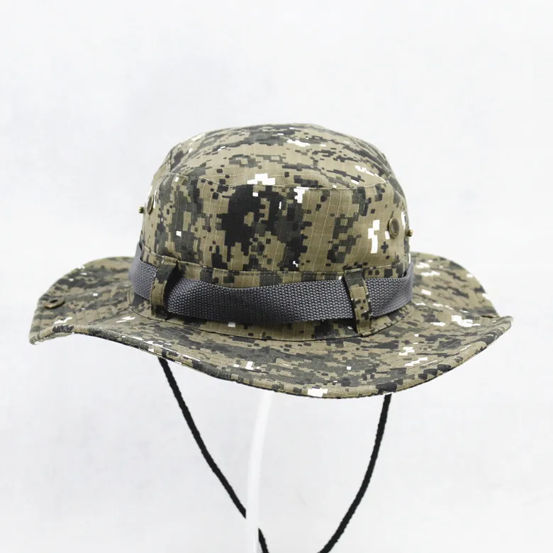 Boonie Hat Camouflage Polyester Wide Brim Tactical Outdoor Sun Protective Fishing Bucket Hat With Adjustable Drawstring