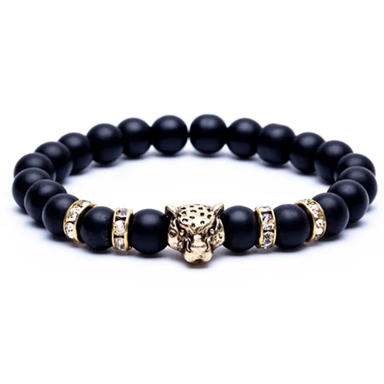 Natural Lava Stone Beaded Bracelet With Alloy Leopard Head Rhinestone Spacers Elastic Stretch Jewelry For Men And Women
