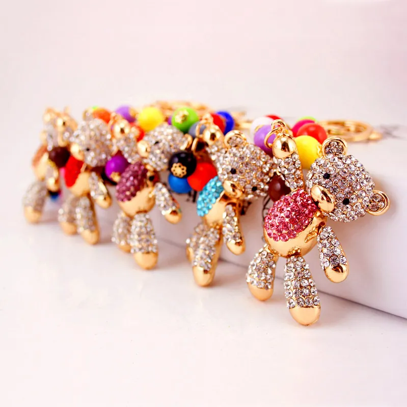 Cute Bear Rhinestone Keychain Gold Metal Teddy Bear Bag Pendant With Colorful Beads Shiny Cartoon Animal Key Ring For Women Jewelry Gift