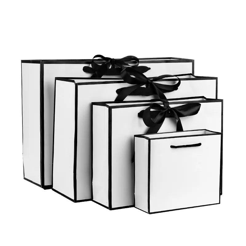 White Cardboard Gift Paper Bags With Black Border Satin Ribbon Bow Knot For Birthday Party Wedding Business Minimalist