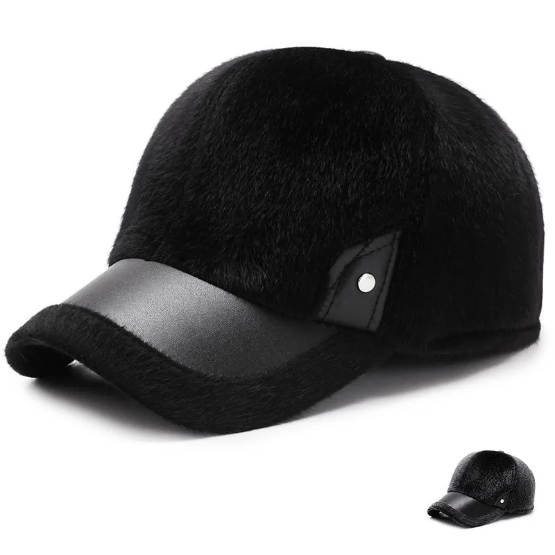 Men Winter Baseball Cap Warm Faux Mink Fur PU Leather Patchwork Adjustable Windproof Outdoor Fleece Hat Ear Protection