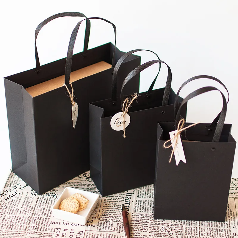 Black Gift Bags Minimalist Cardstock Rivet Reinforced Paper Handle Tote For Birthday Party Business Clothing Packaging