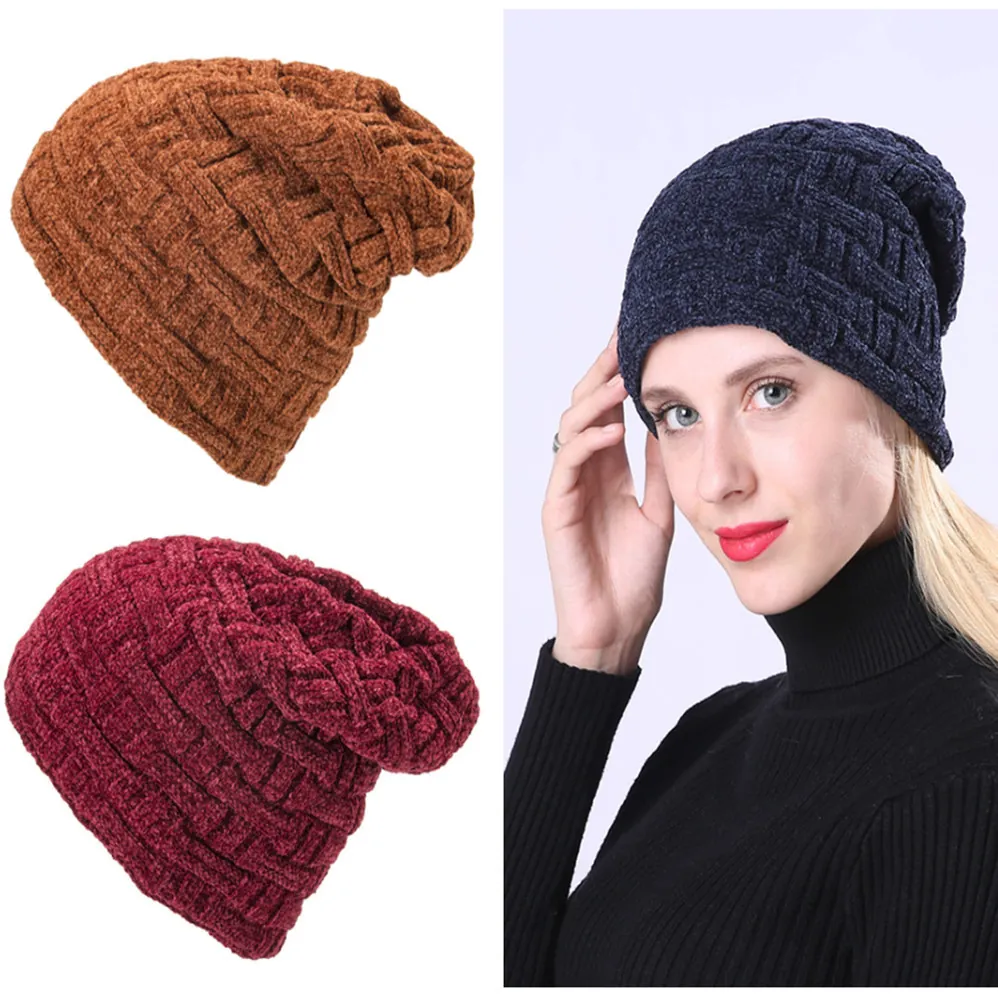 Gorro de Punto de Chenilla Unisex de Doble Capa Forrado de Felpa Grueso Cálido Invierno Slouchy Hat Esquí Jacquard