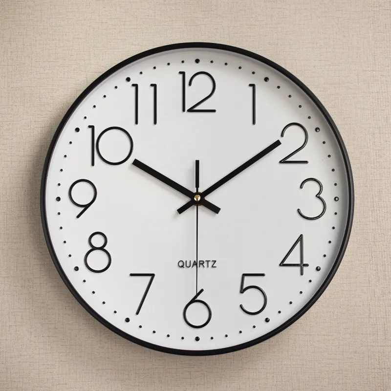 Round Silent Wall Clock Plastic Frame Quartz Movement Glass Cover 3D Arabic Numerals Modern Minimalist Decor Living Room Office