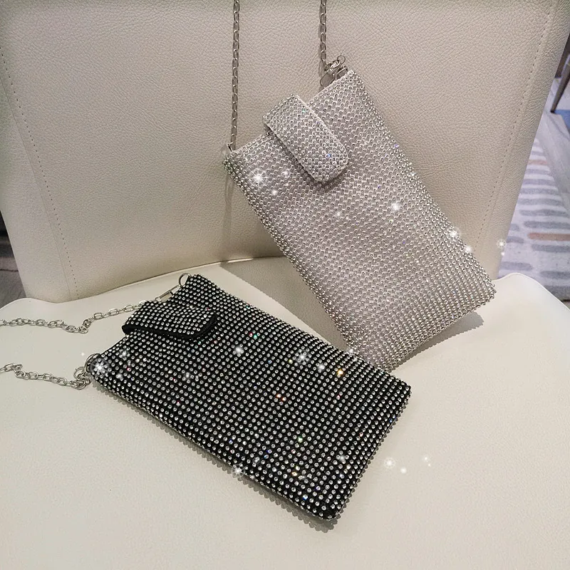 Women Sparkly Rhinestone Mobile Phone Bag Crossbody Small Purse With Silver Metal Chain For Evening Party