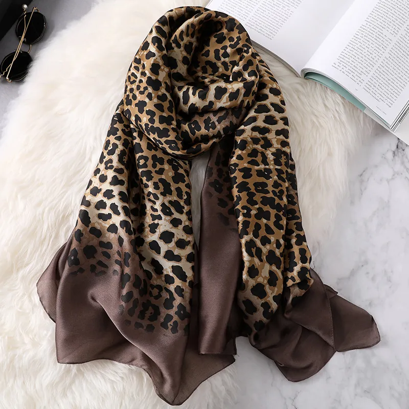 Leopard Print Long Scarf Satin Texture Fashion Shawl Women Soft Lightweight Sun Protection Wrap Elegant Accessory