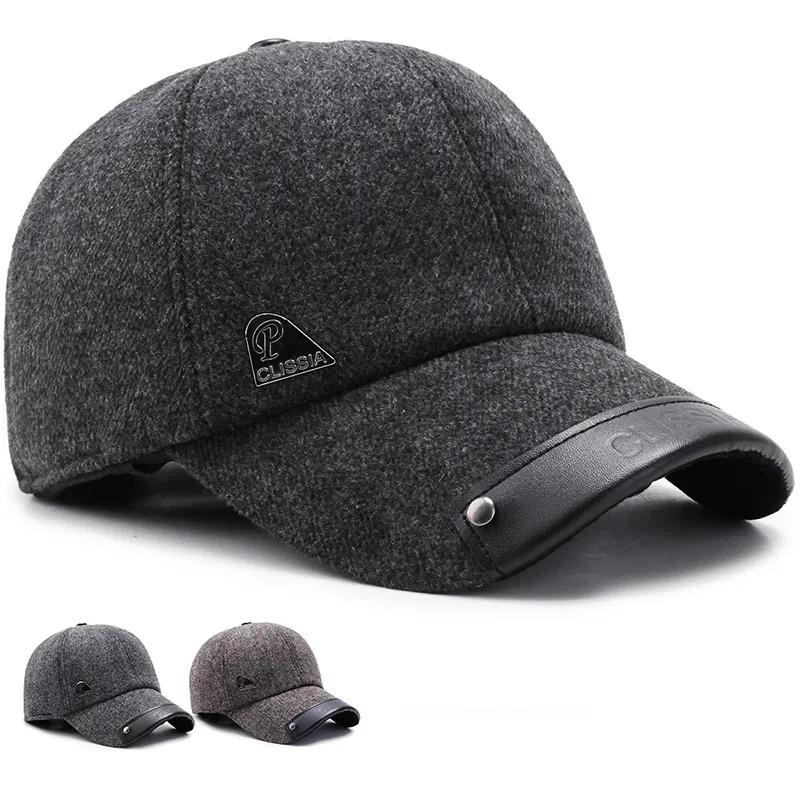 Men's Woolen Winter Baseball Cap Warm Outdoor Peaked Hat For Elderly Mature Business Casual Cap Triangle Logo Earmuffs
