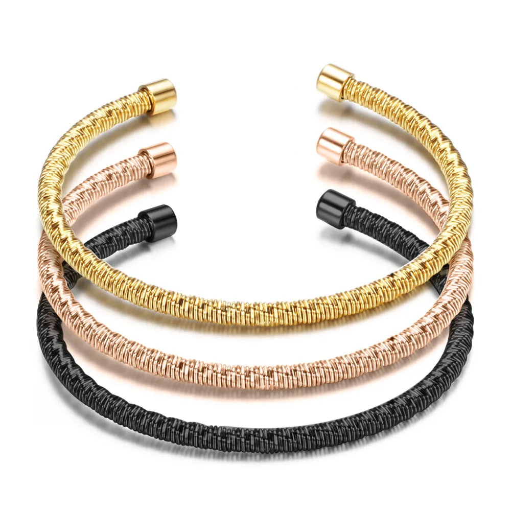 Stainless Steel Cable Wire Open Cuff Bangle Bracelet Minimalist Spiral Texture Adjustable Fashion Jewelry For Women