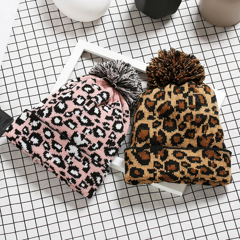 Fashion Leopard Print Knitted Beanie With Large Pom Pom Warm Winter Knit Hat For Women Soft Yarn Crochet Outdoor Beanie