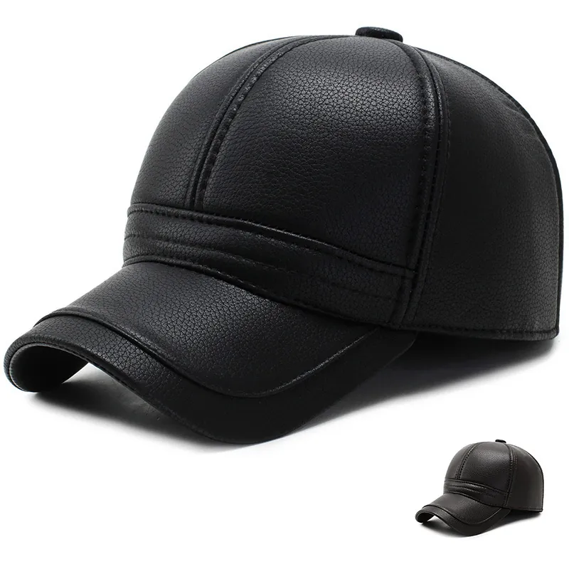 Men PU Leather Baseball Cap Winter Warm Ear Protection Lychee Texture Outdoor Adjustable Sport Hat