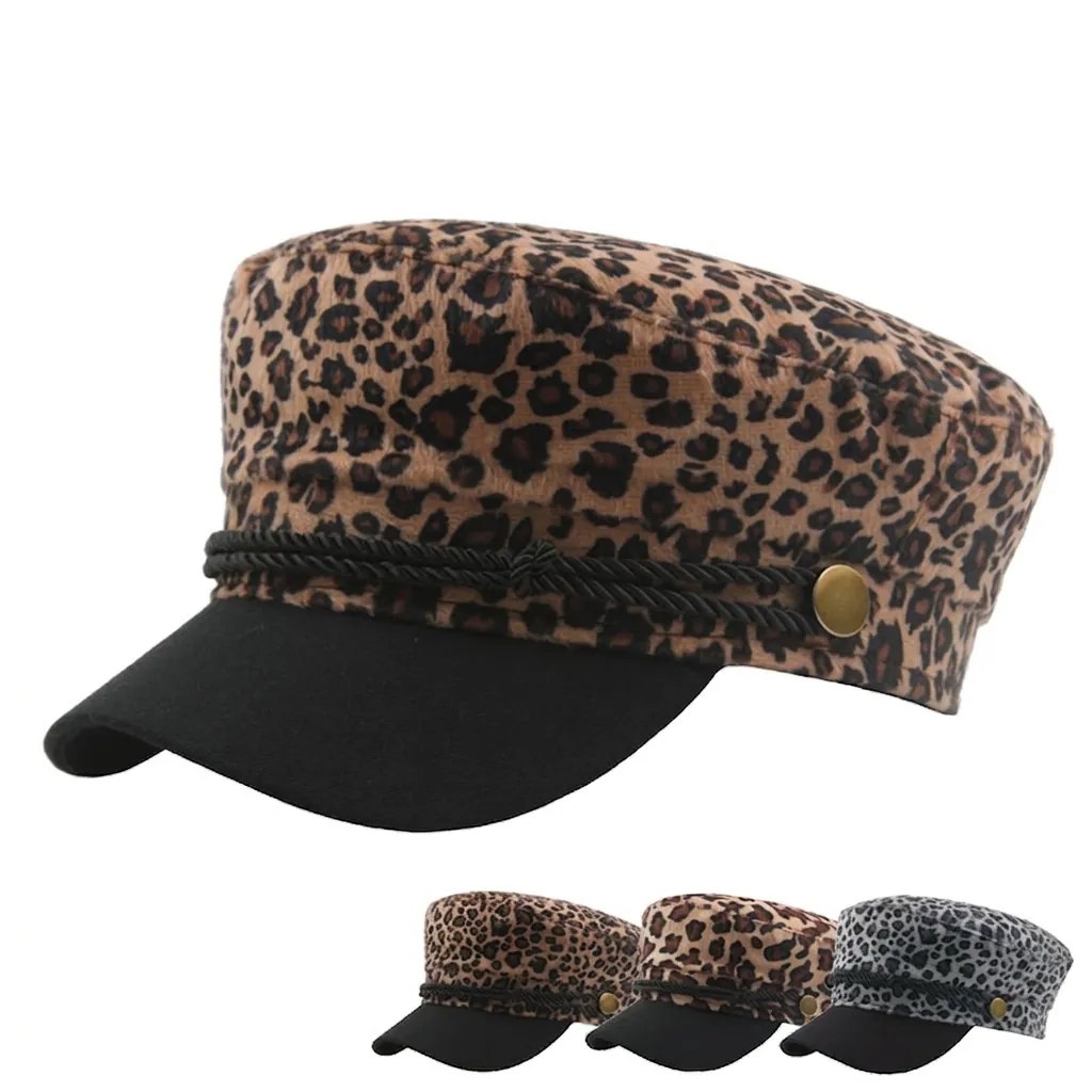 Chapeau Marin Imprimé Léopard Pour Femme Casquette Militaire Fausse Fourrure Avec Visière Noire Corde Tressée Boutons Dorés