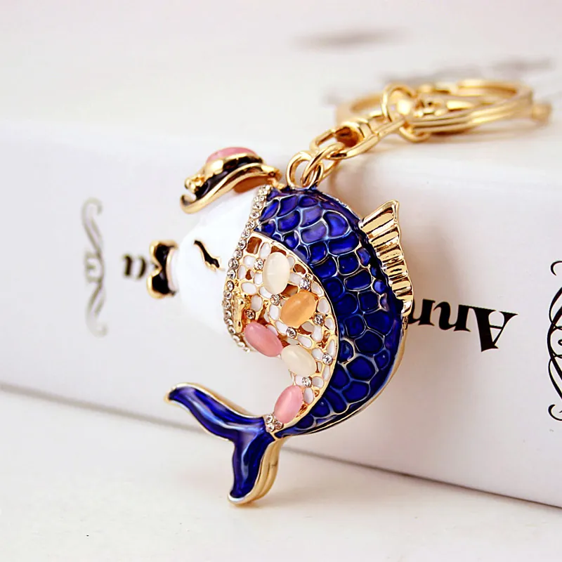 Enamel Koi Fish Keychain Rhinestone Cat Eye Stone Zinc Alloy Animal Lucky Charm Bag Pendant For Women Jewelry Gift