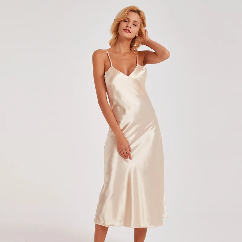 Nuisette En Satin Pour Femmes Col En V Sans Manches Robe De Nuit Longue Élégante Sexy Loungewear Doux Soyeux