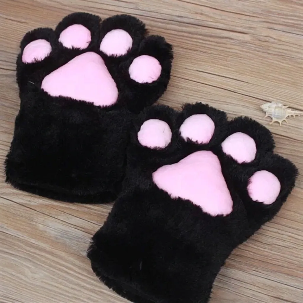 Cute Cat Paw Plush Gloves Faux Fur Fingerless Mittens For Cosplay Party Costume Props Women Girl Winter Warm Handwear Single Piece
