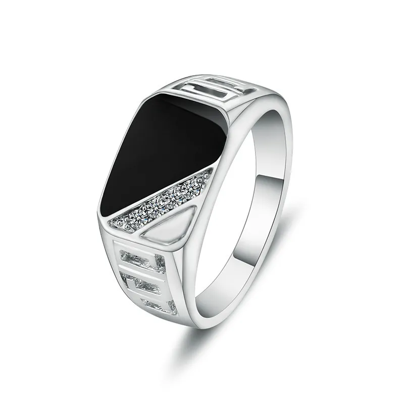 Men Square Signet Ring Alloy With Black Enamel And Zirconia Geometric Fashion Business Style Finger Jewelry Accessory