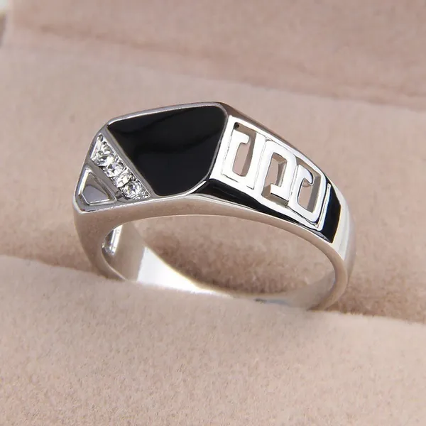 Vintage Alloy Square Geometric Ring For Men Gold Silver Rose Gold Plated Black Enamel Rhinestone Inlaid Finger Ring Fashion Jewelry