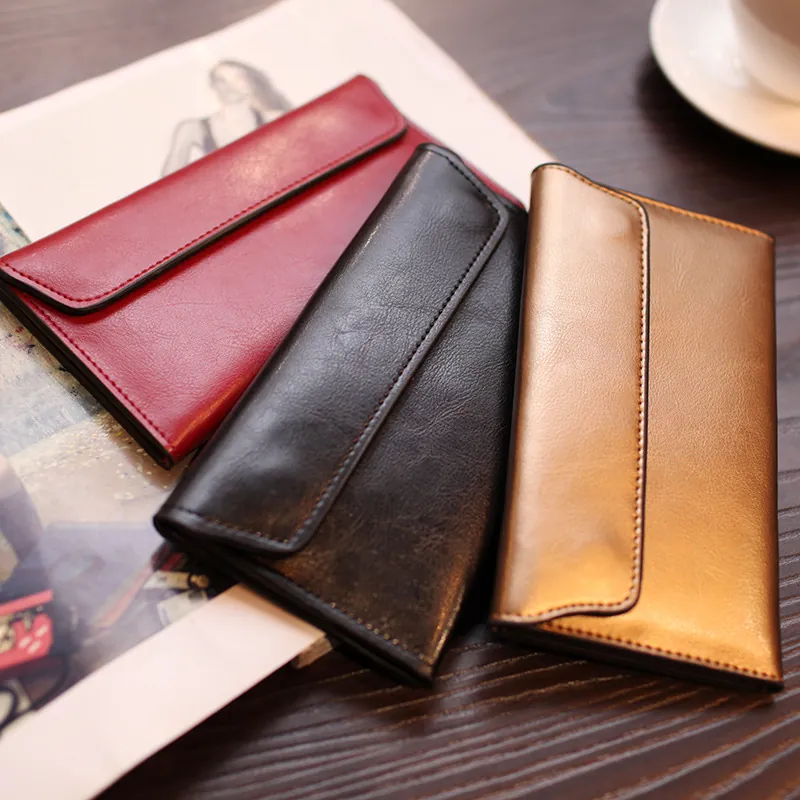 Damen Geldbörse Lang Echtes Leder Rindsleder Klappverschluss Business Clutch Kartenhalter Retro Stil Mode