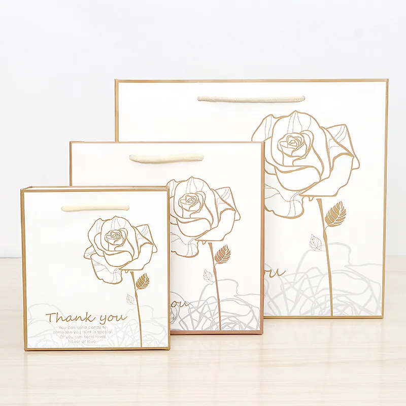 Paper Gift Bags With Gold Stamping Rose Floral Pattern Thank You Print Handled Wedding Favors Elegant Shopping Totes
