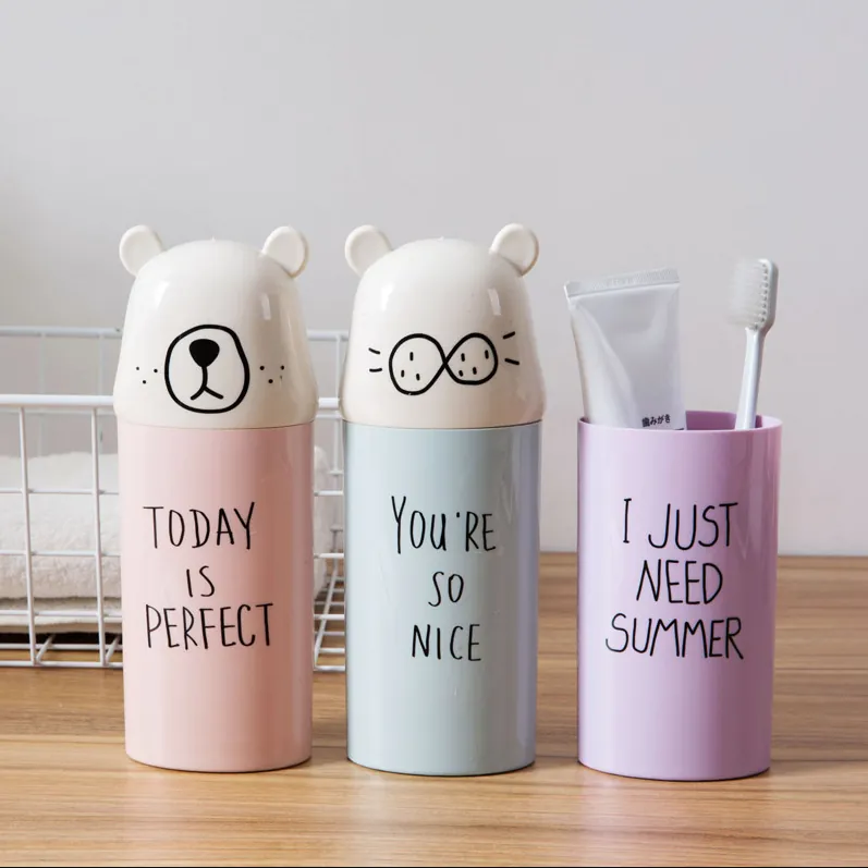 Cartoon Bear Lid Portable Toothbrush Case Travel Wash Cup PP Plastic Storage Holder For Toothbrush Toothpaste Cute Bathroom Supplies