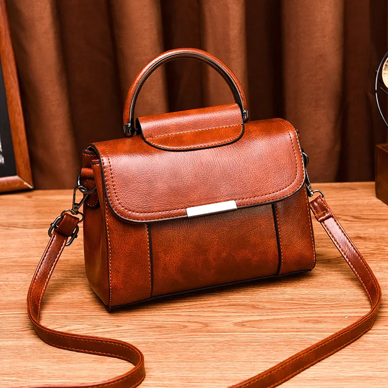 Women Crossbody Bag Retro PU Leather Flap Small Handbag With Metal Handle Adjustable Shoulder Strap For Casual Daily Wear