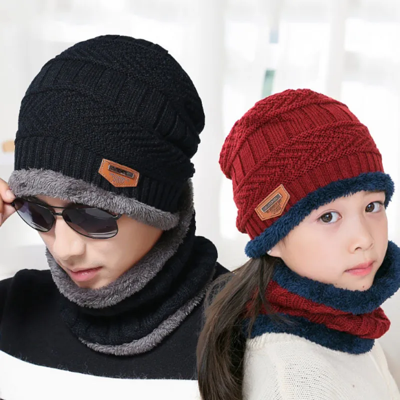Winter Warm Knit Beanie Hat And Neck Warmer Fleece Lined Thick Outdoor Thermal Skull Cap For Adults Kids
