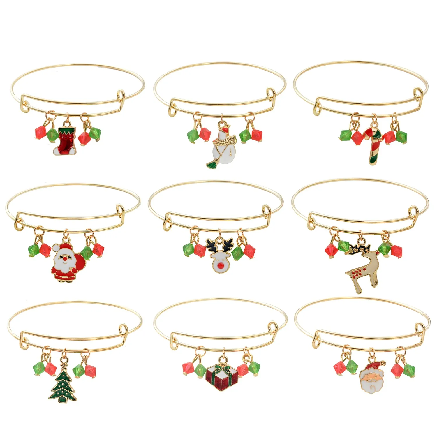 Christmas Expandable Bangle Bracelet Gold Plated Alloy Enamel Charms Colorful Beads Festive Holiday Fashion Jewelry