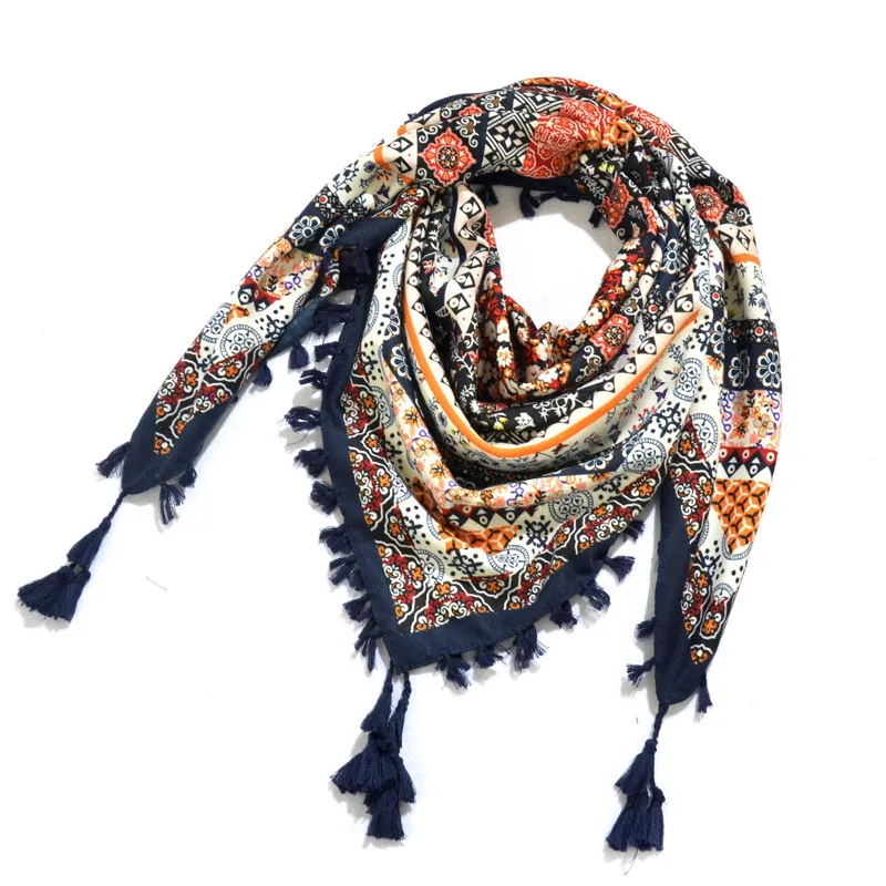 Bohemian Ethnic Large Square Scarf Rayon Printed Paisley Floral Shawl With Tassels Versatile Lightweight Wrap