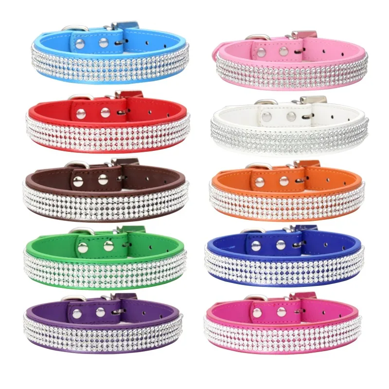 Pet Dog Cat Collar PU Leather Bling Rhinestone Shiny Adjustable Candy Color Neckband For Small Medium Large Dogs Cats Puppy