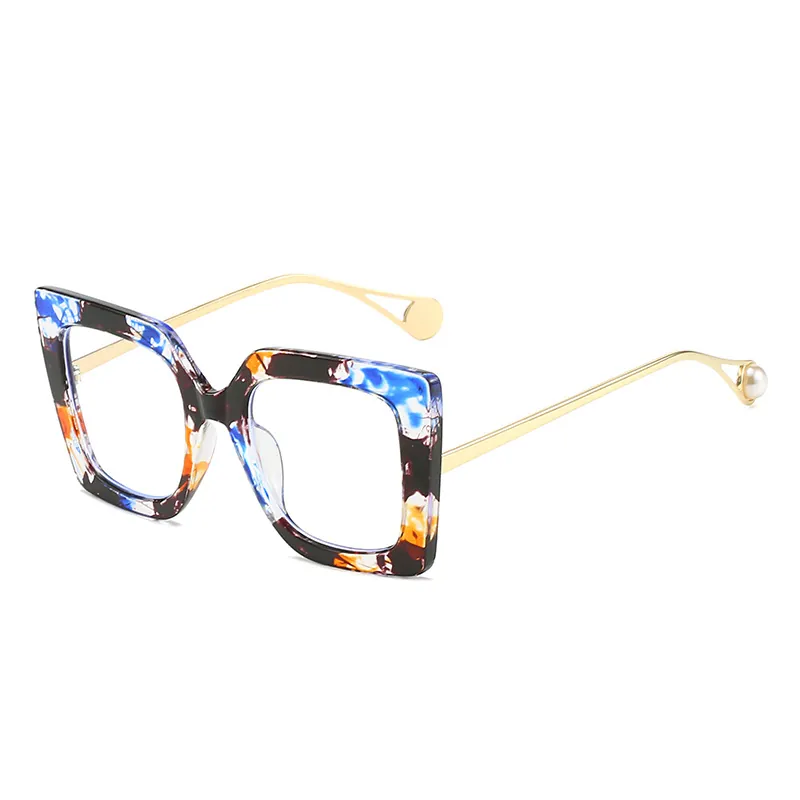 Mode Übergroße Quadratische Blaulichtfilter Brille Retro PC Metallrahmen Mit Künstliche Perlen Bügelenden Für Damen Herren