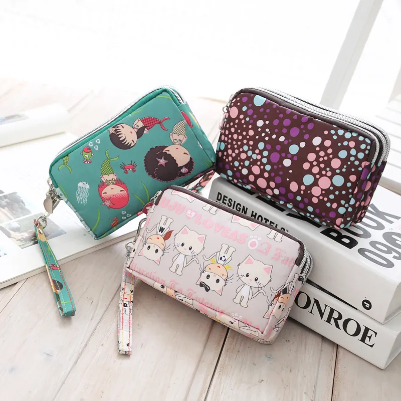 Dames Mini Pouch Tas Multi Layer Rits Nylon Waterdicht Cartoon Print Polsbandje Telefoonhouder Crossbody Casual