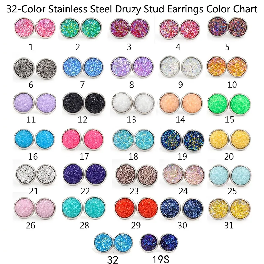 Boucles D'oreilles Puces Druzy Rondes Acier Inoxydable Résine Colorée Paillettes Bijoux Femmes Filles