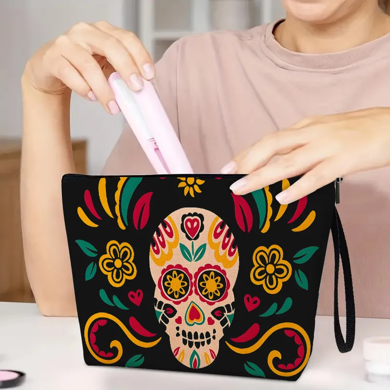 Makeup Bag Fine Linen Zipper Portable Mexico Day Of The Dead Sugar Skull Print Toiletry Cosmetic Storage Organizer Pouch