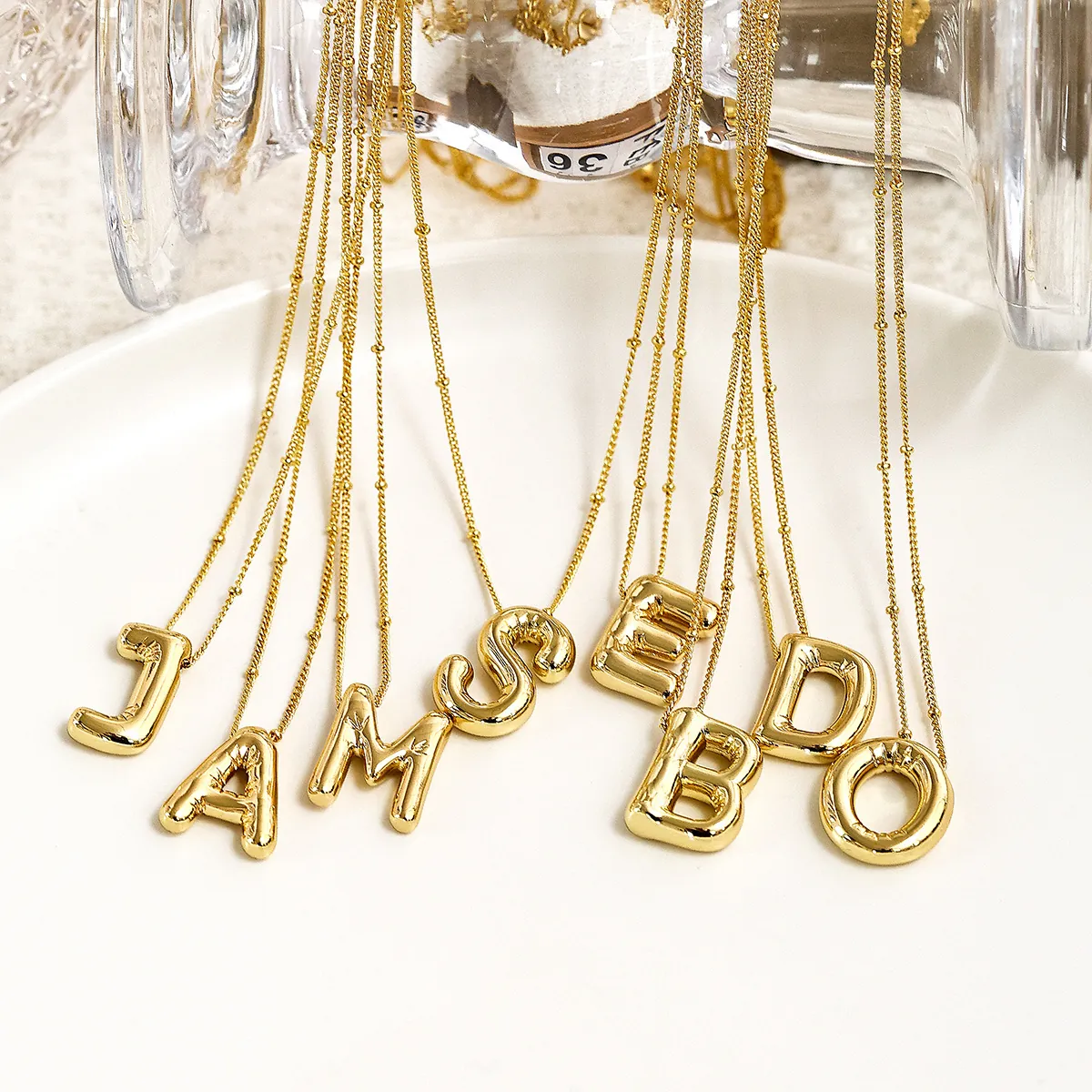 18K Gold Plated Copper Alphabet Pendant Necklace Puffy Balloon Initial Letter Fashion Jewelry For Women Minimalist Style