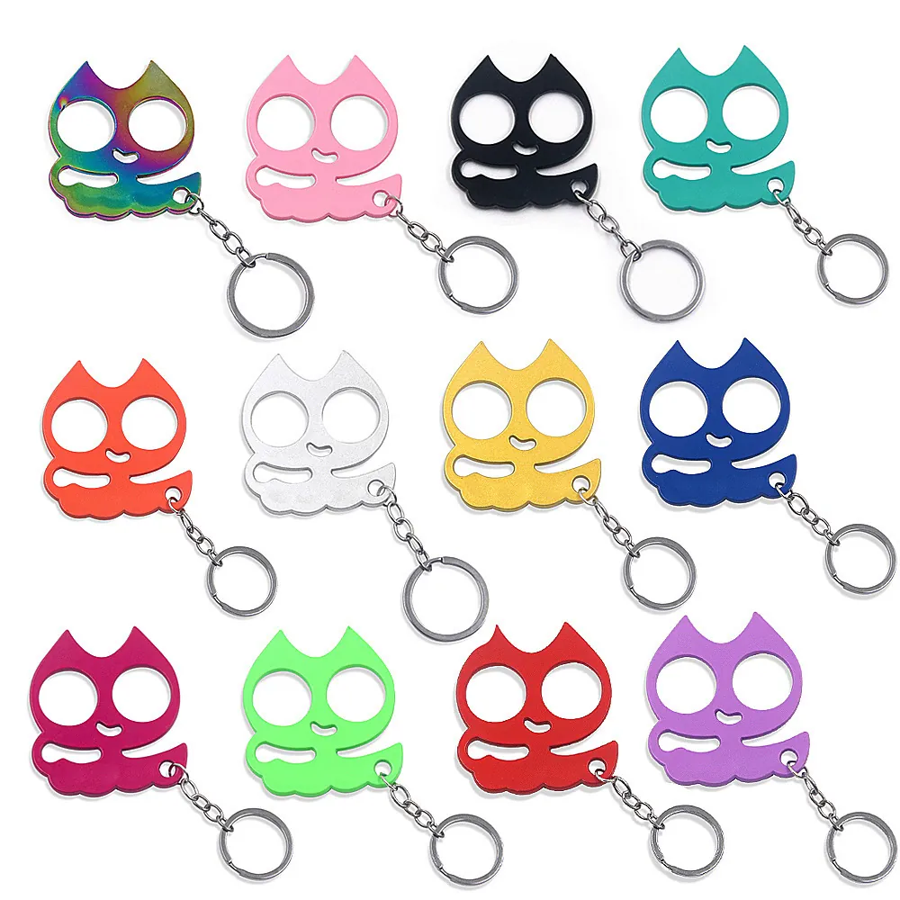 Metal Cat Head Keychain Pendant Two Finger Holes Portable Self Defense Tool Outdoor Window Breaker Cartoon Cute Style