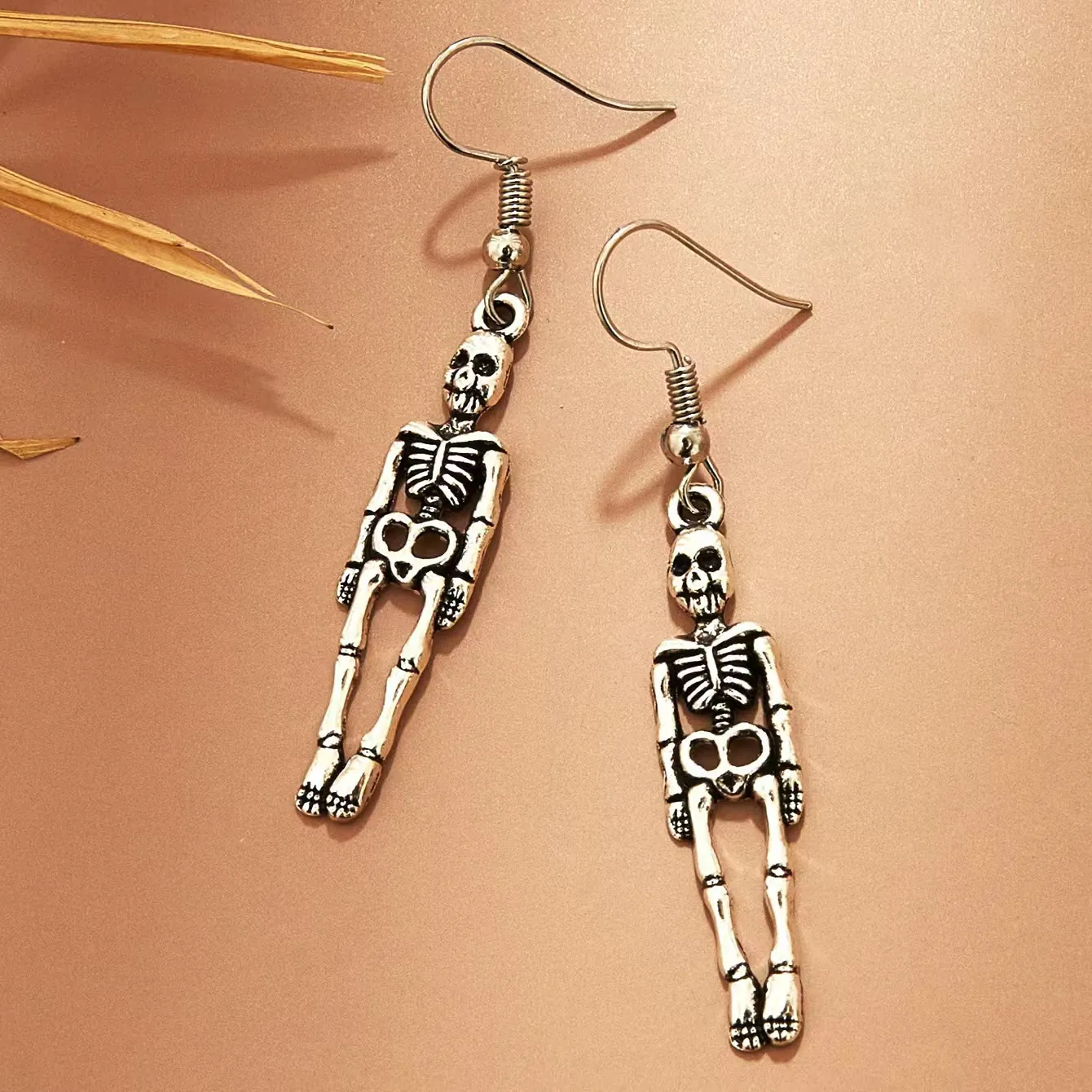 Orecchini Pendenti Scheletro Teschio Lega Finitura Argento Antico Gotico Punk Halloween Gioielli Hip Hop Donne Uomini