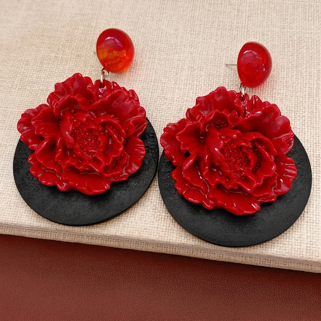 Boucles D'oreilles Pendantes Pivoine Résine Bois Rétro Ethnique Bijoux Pour Femmes Avec Silver Earring Post Rouge Noir